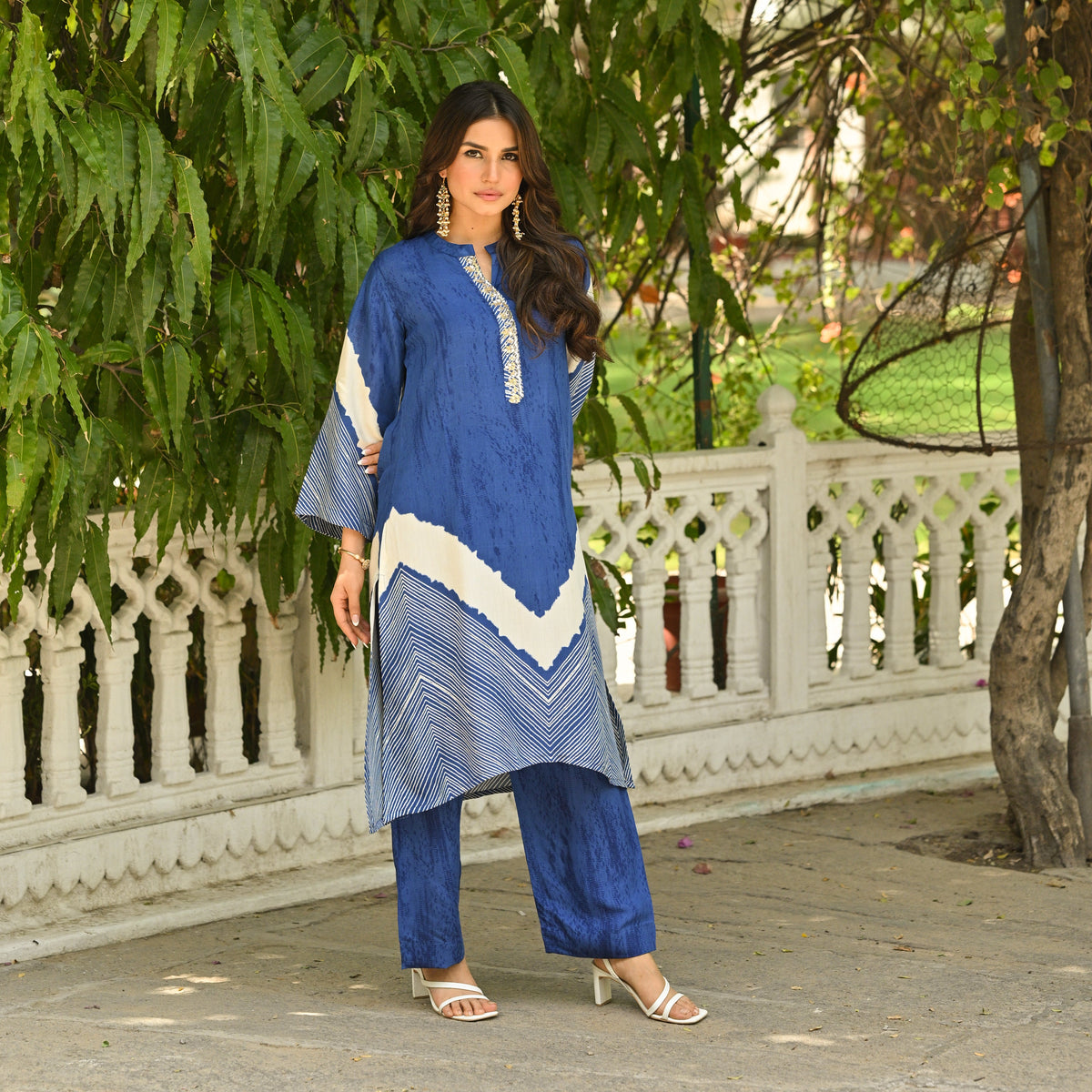 Blue Lehariya Muslin Kurta Set with Gota Work on Neck