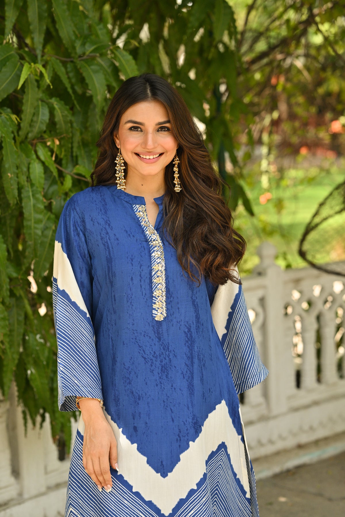 Blue Lehariya Muslin Kurta Set with Gota Work on Neck