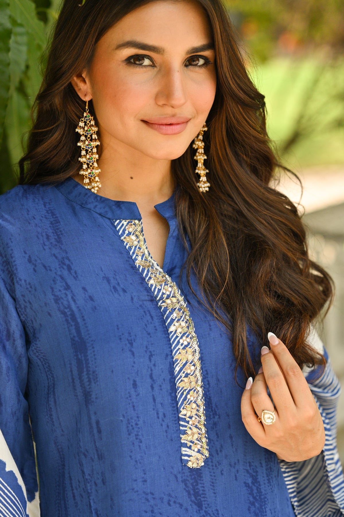 Blue Lehariya Muslin Kurta Set with Gota Work on Neck