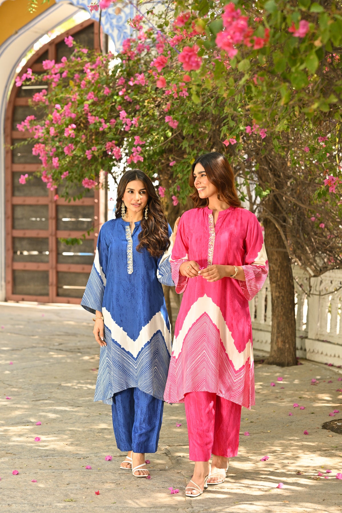 Pink Lehariya Muslin Kurta Set with Gota Work on Neck