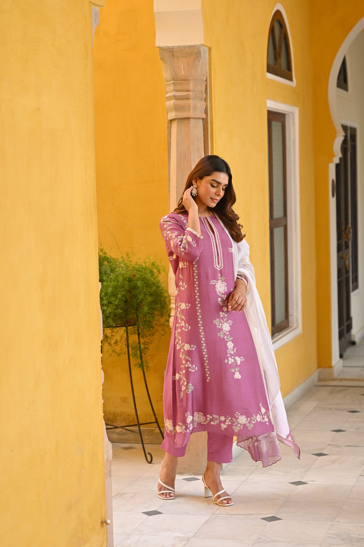 Purple and Off White Placement Print Muslin Suit with Scallope Border
