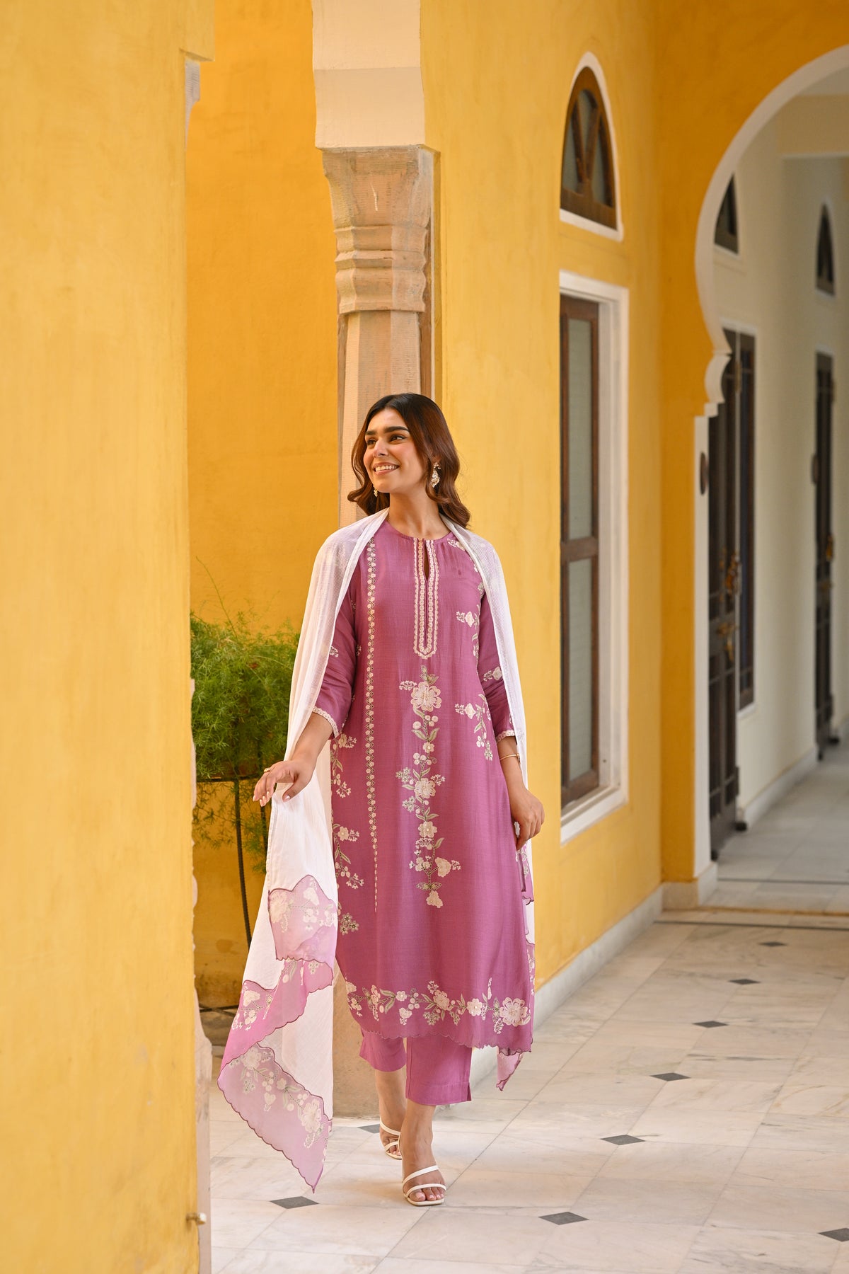 Purple and Off White Placement Print Muslin Suit with Scallope Border
