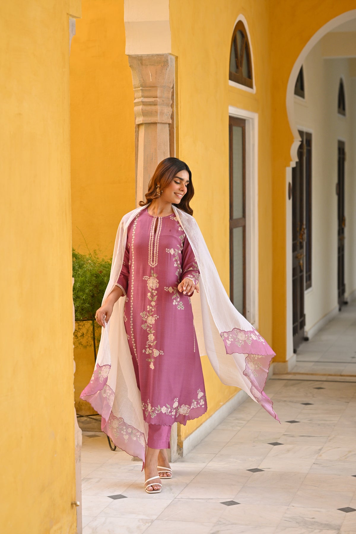 Purple and Off White Placement Print Muslin Suit with Scallope Border