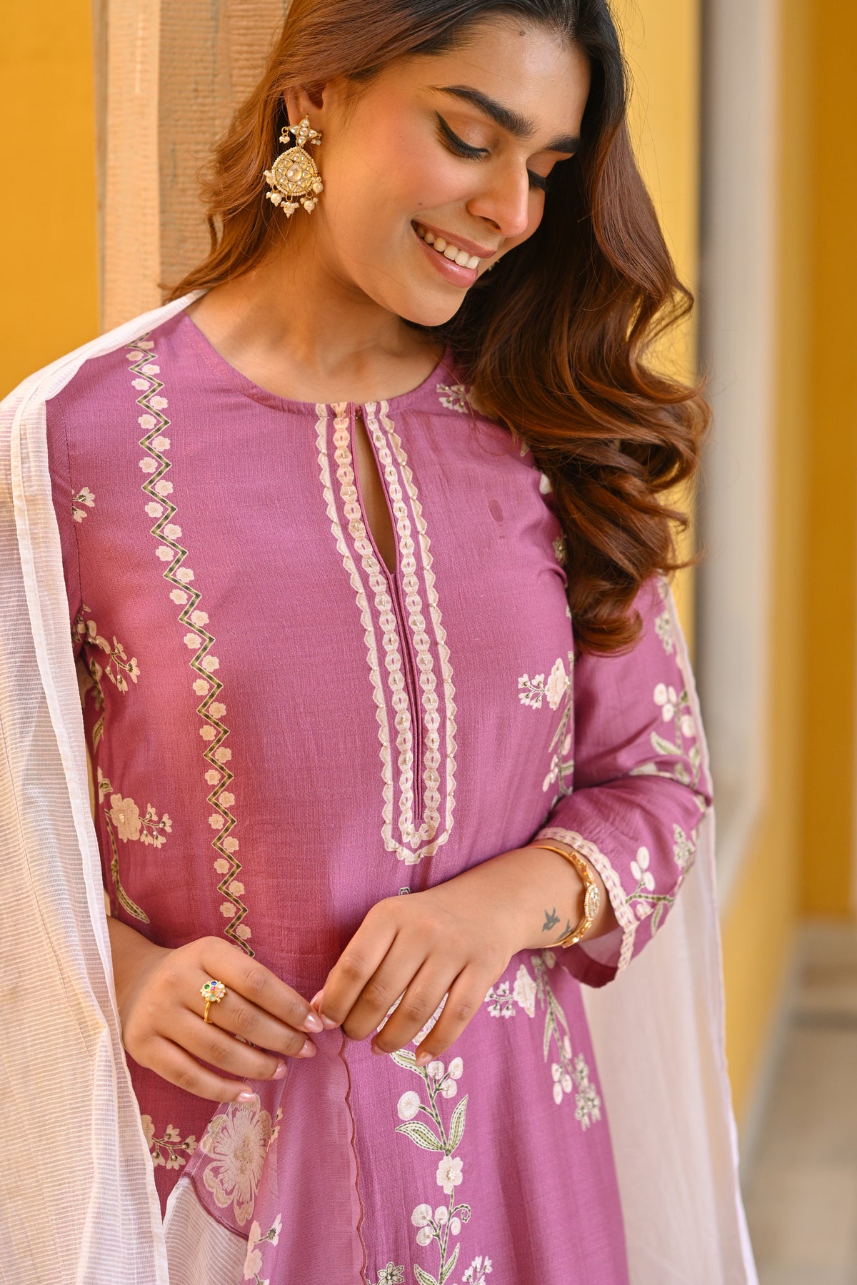 Purple and Off White Placement Print Muslin Suit with Scallope Border