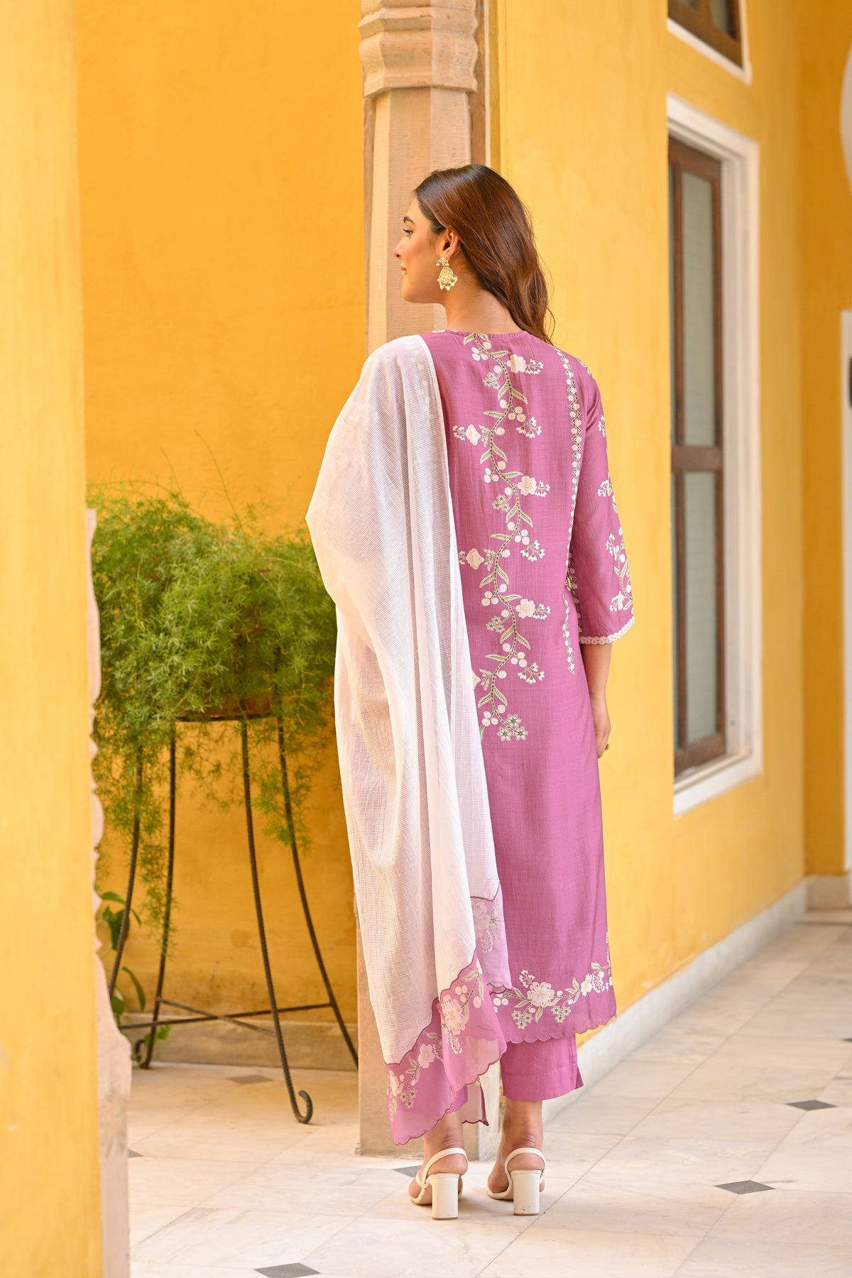 Purple and Off White Placement Print Muslin Suit with Scallope Border
