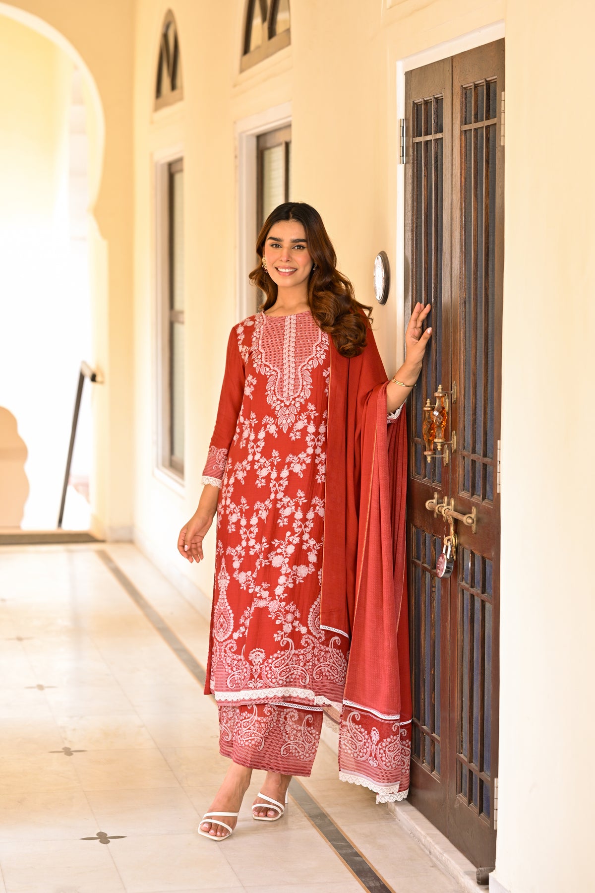 Red Paisley Pearl Work Pure Muslin Suit Set