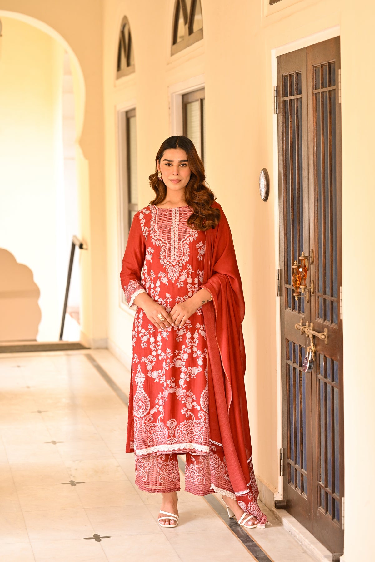Red Paisley Pearl Work Pure Muslin Suit Set