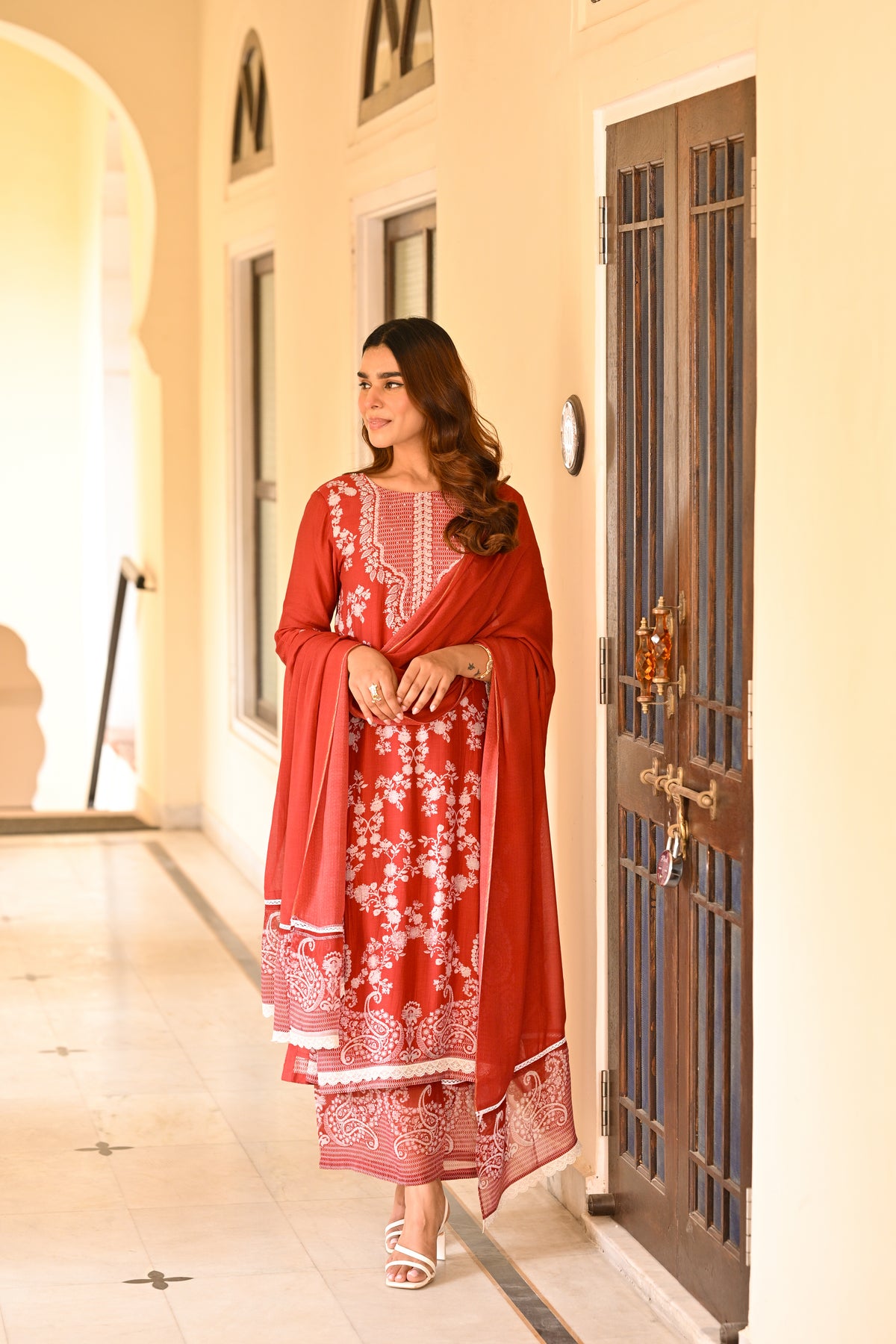 Red Paisley Pearl Work Pure Muslin Suit Set