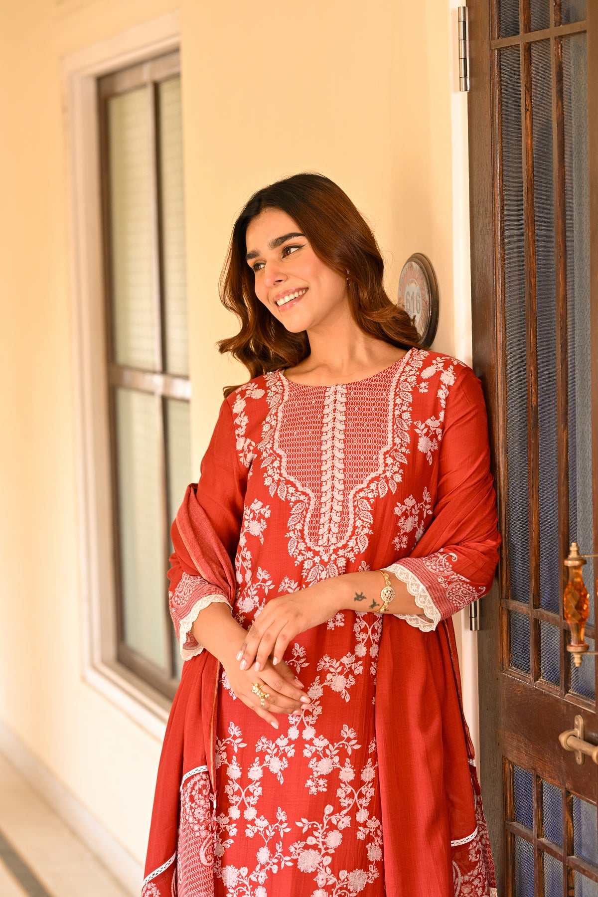 Red Paisley Pearl Work Pure Muslin Suit Set