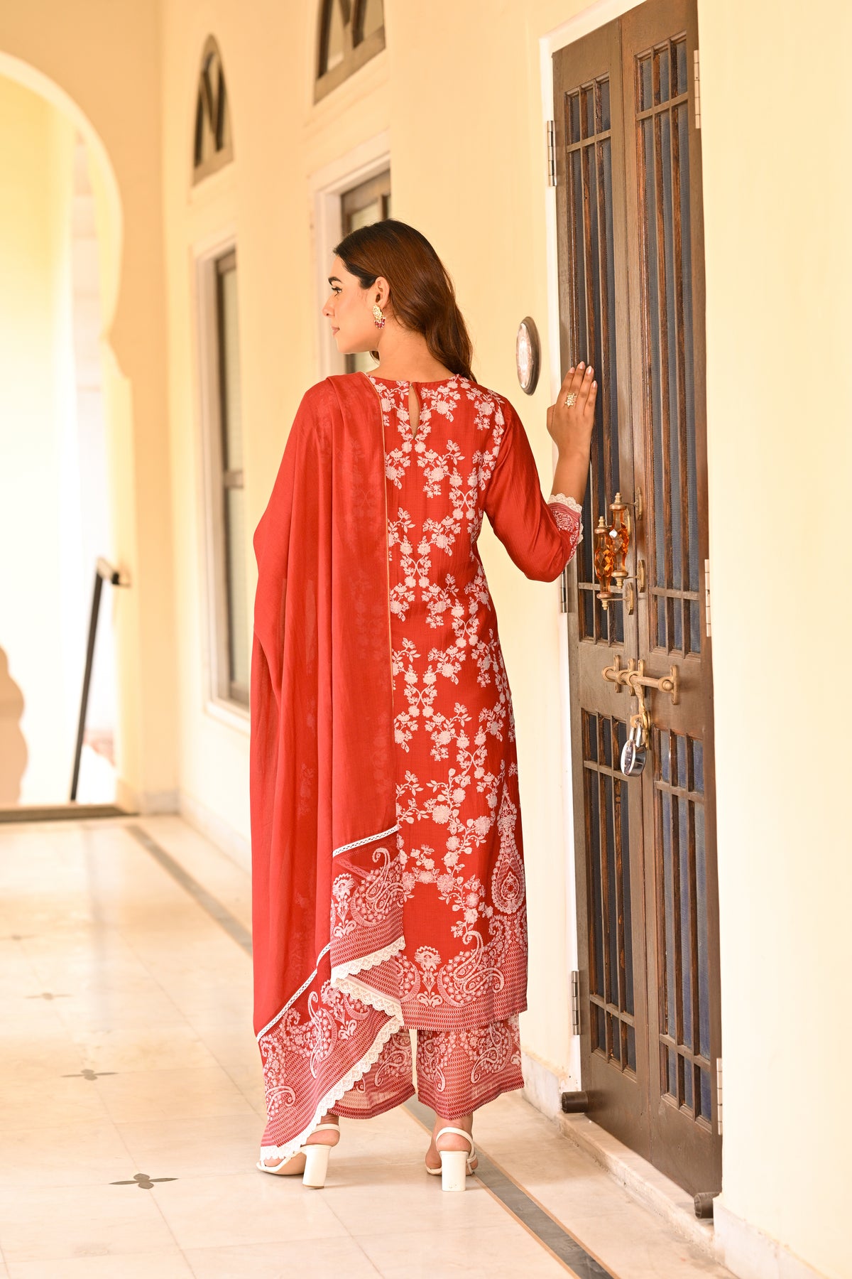 Red Paisley Pearl Work Pure Muslin Suit Set