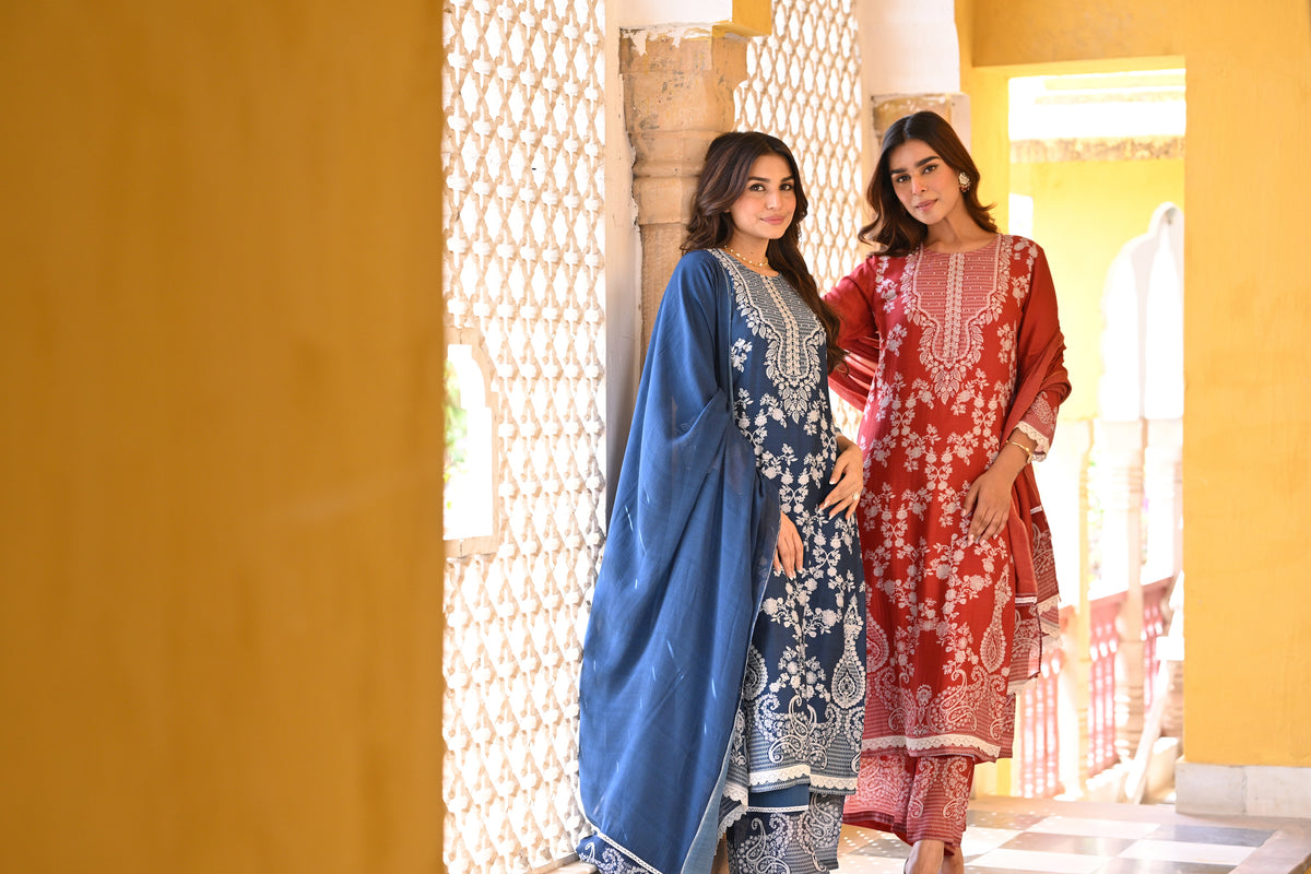 Blue Paisley Pearl Work Pure Muslin Suit Set