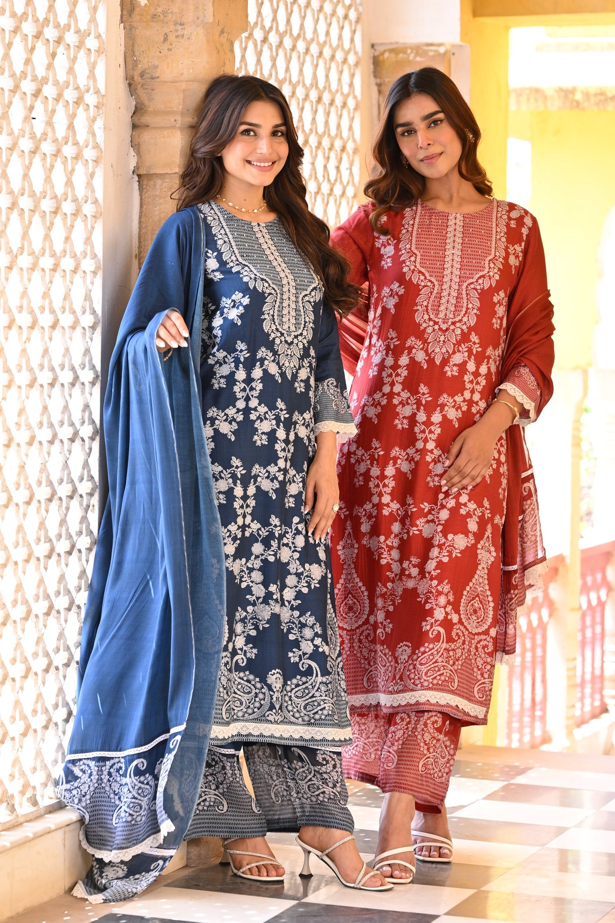 Blue Paisley Pearl Work Pure Muslin Suit Set