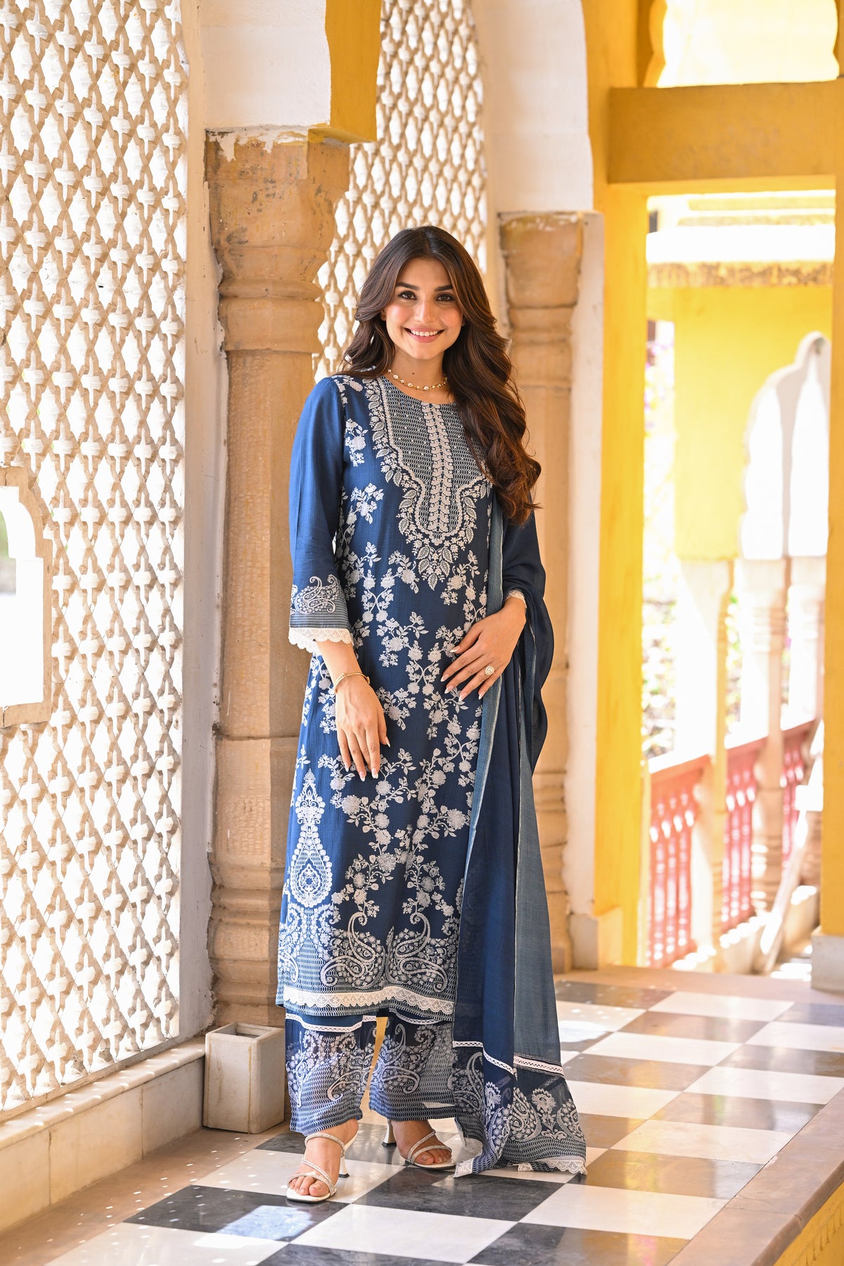 Blue Paisley Pearl Work Pure Muslin Suit Set