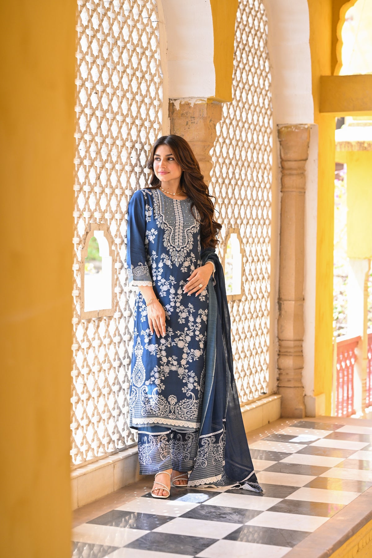 Blue Paisley Pearl Work Pure Muslin Suit Set