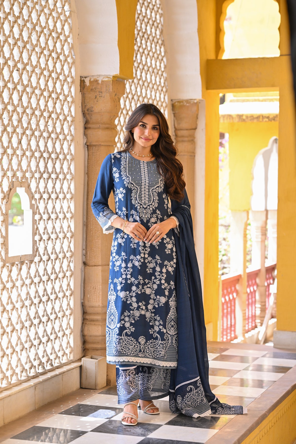 Blue Paisley Pearl Work Pure Muslin Suit Set