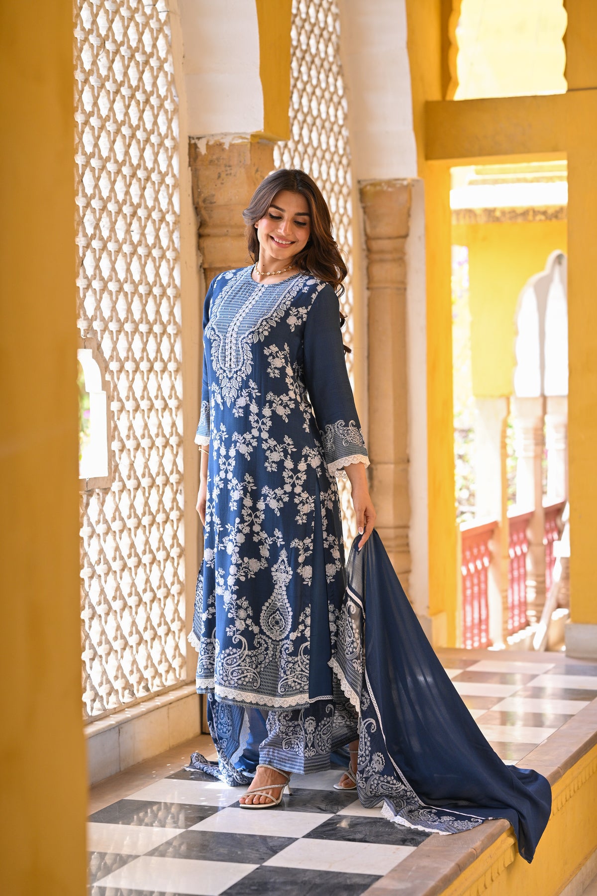 Blue Paisley Pearl Work Pure Muslin Suit Set