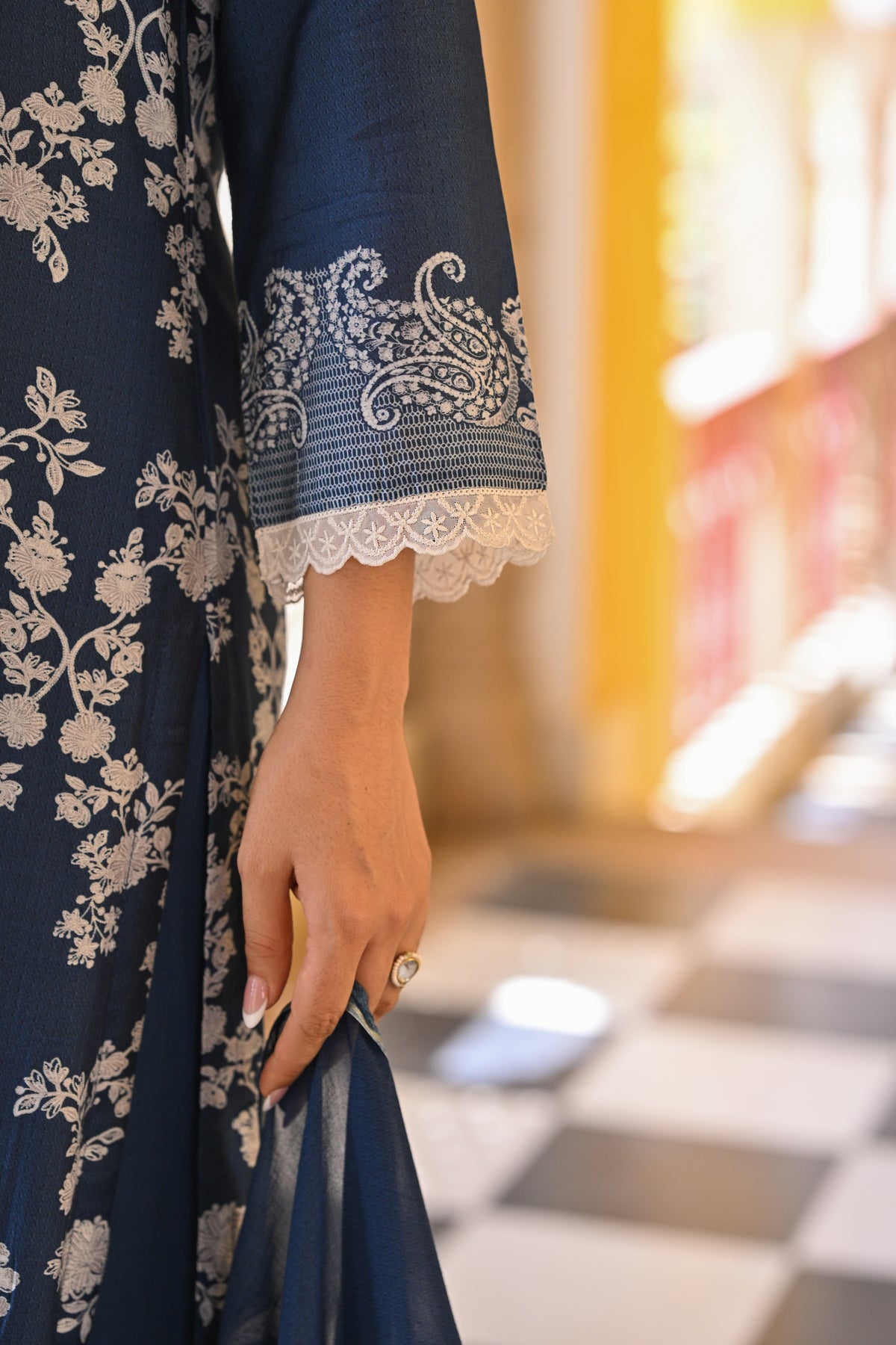 Blue Paisley Pearl Work Pure Muslin Suit Set