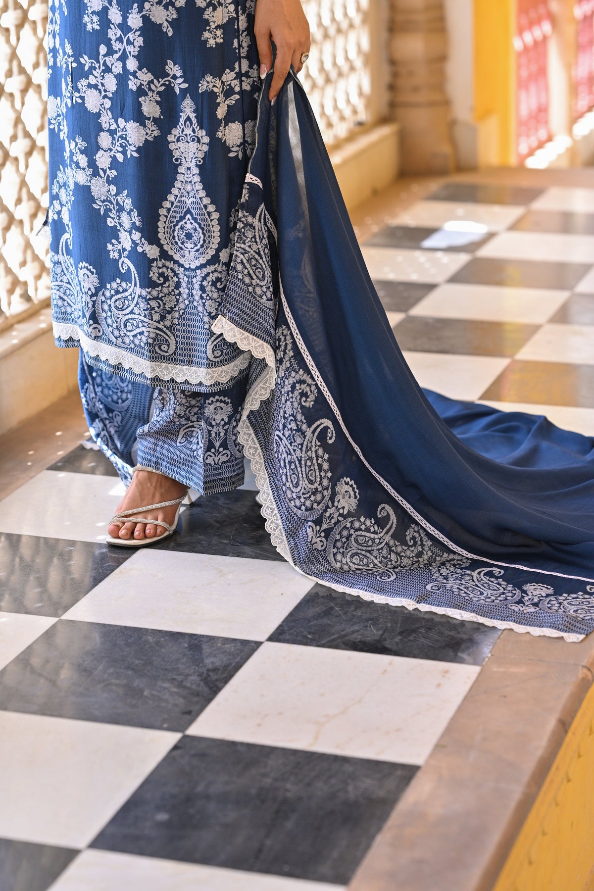 Blue Paisley Pearl Work Pure Muslin Suit Set