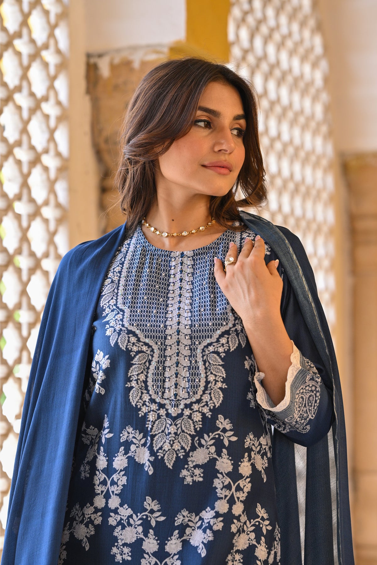 Blue Paisley Pearl Work Pure Muslin Suit Set