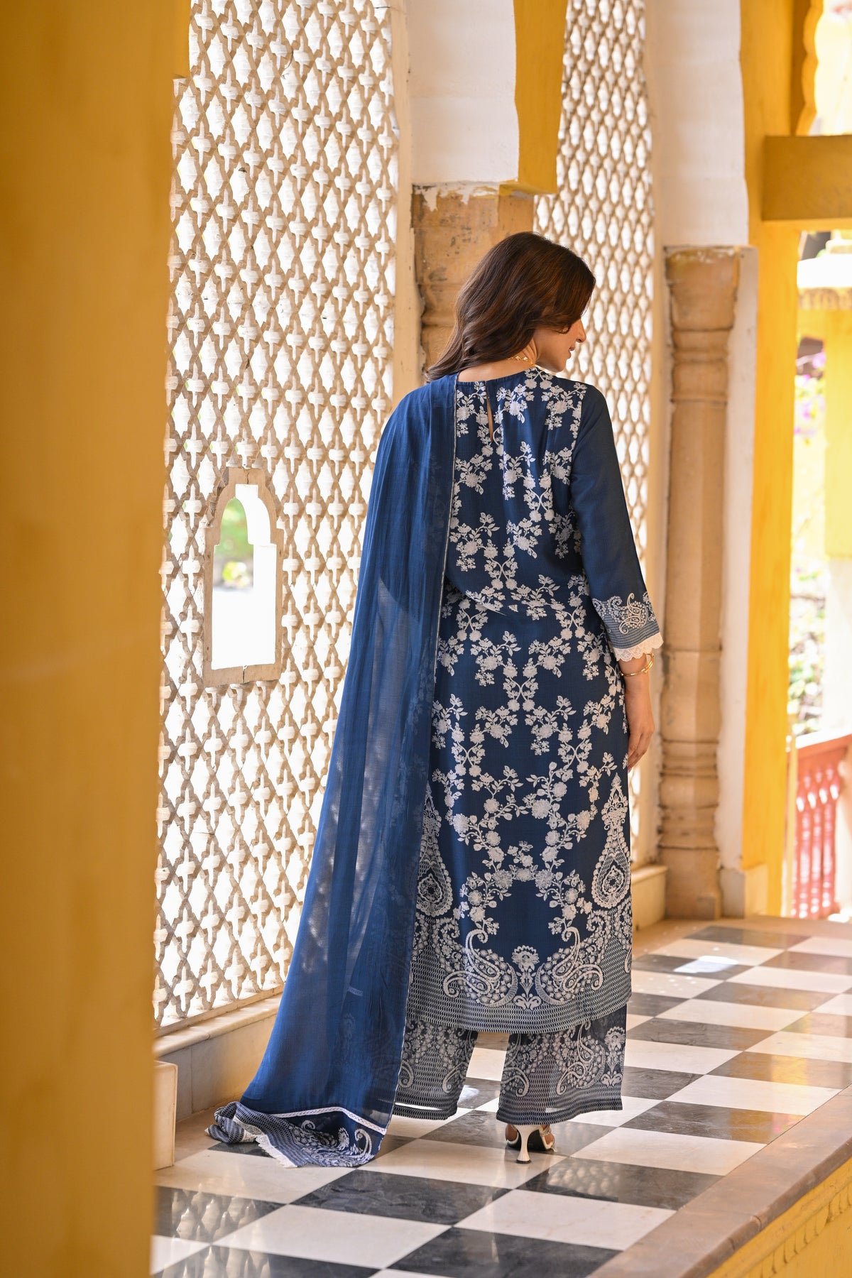 Blue Paisley Pearl Work Pure Muslin Suit Set