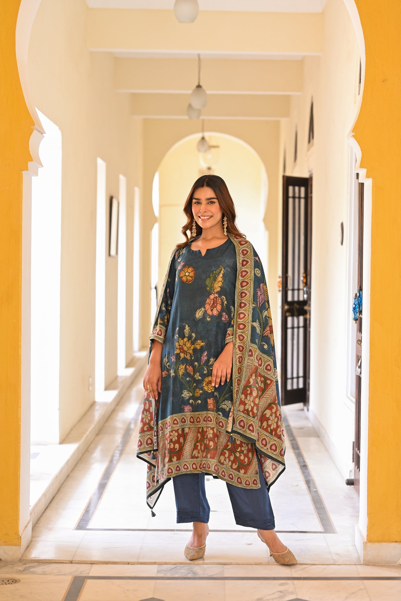 Midnight Blue Kalamakari Print Muslin Suit Set