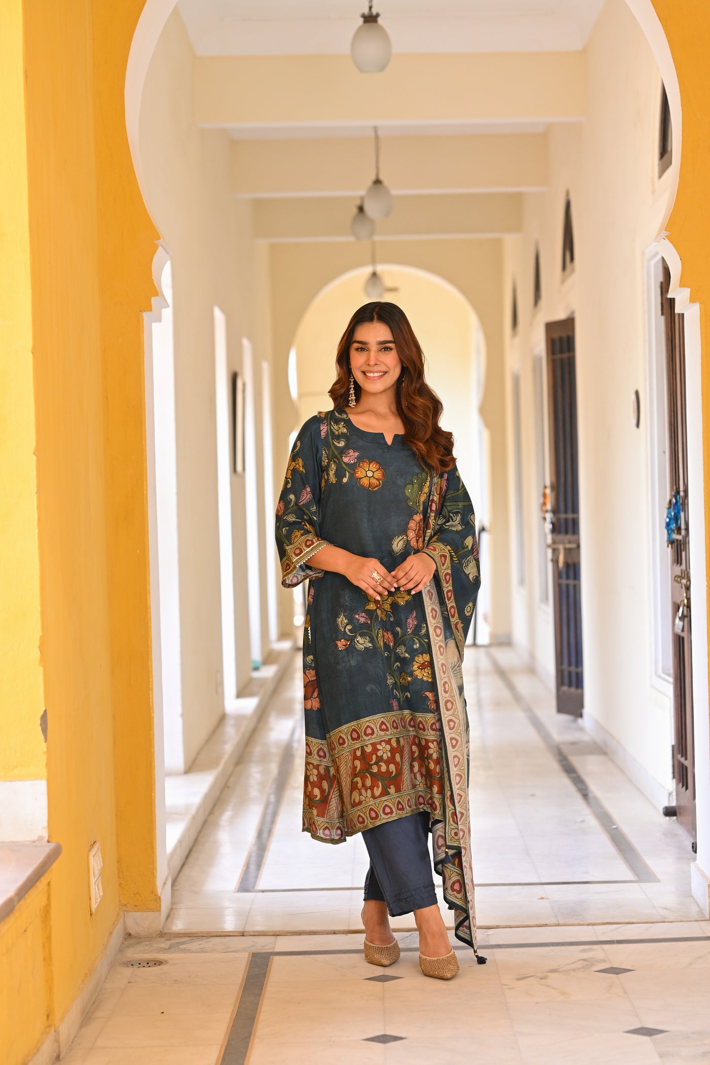 Midnight Blue Kalamakari Print Muslin Suit Set