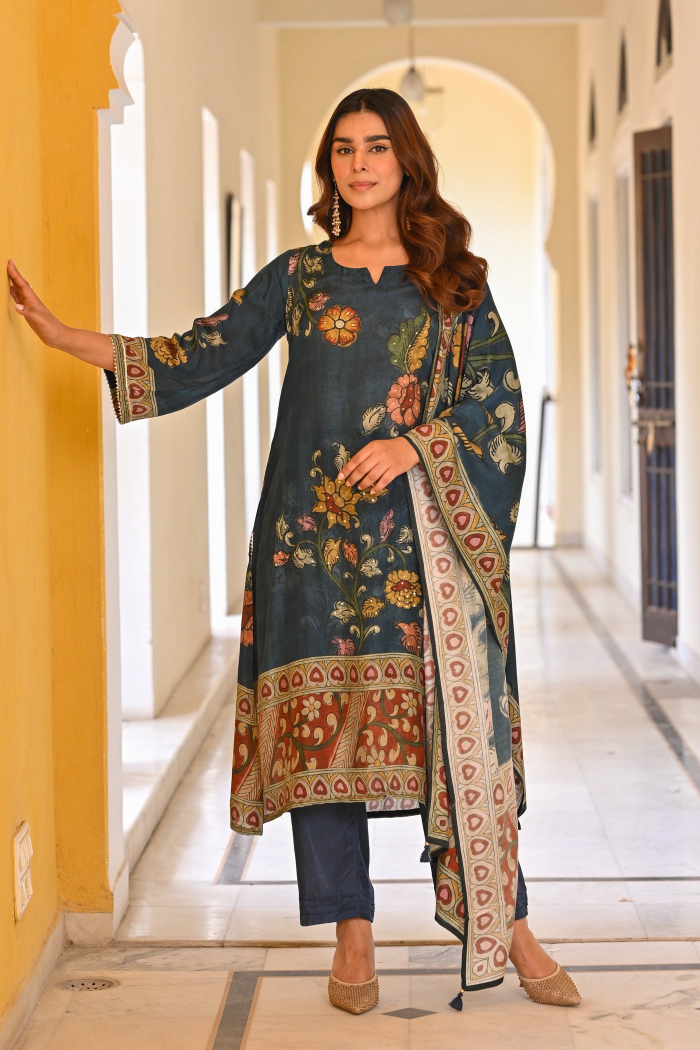 Midnight Blue Kalamakari Print Muslin Suit Set