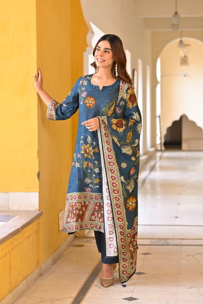 Midnight Blue Kalamakari Print Muslin Suit Set