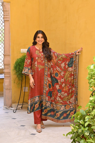 Rustic Red Kalamakari Print Muslin Suit Set