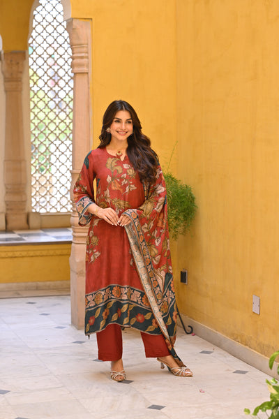 Rustic Red Kalamakari Print Muslin Suit Set