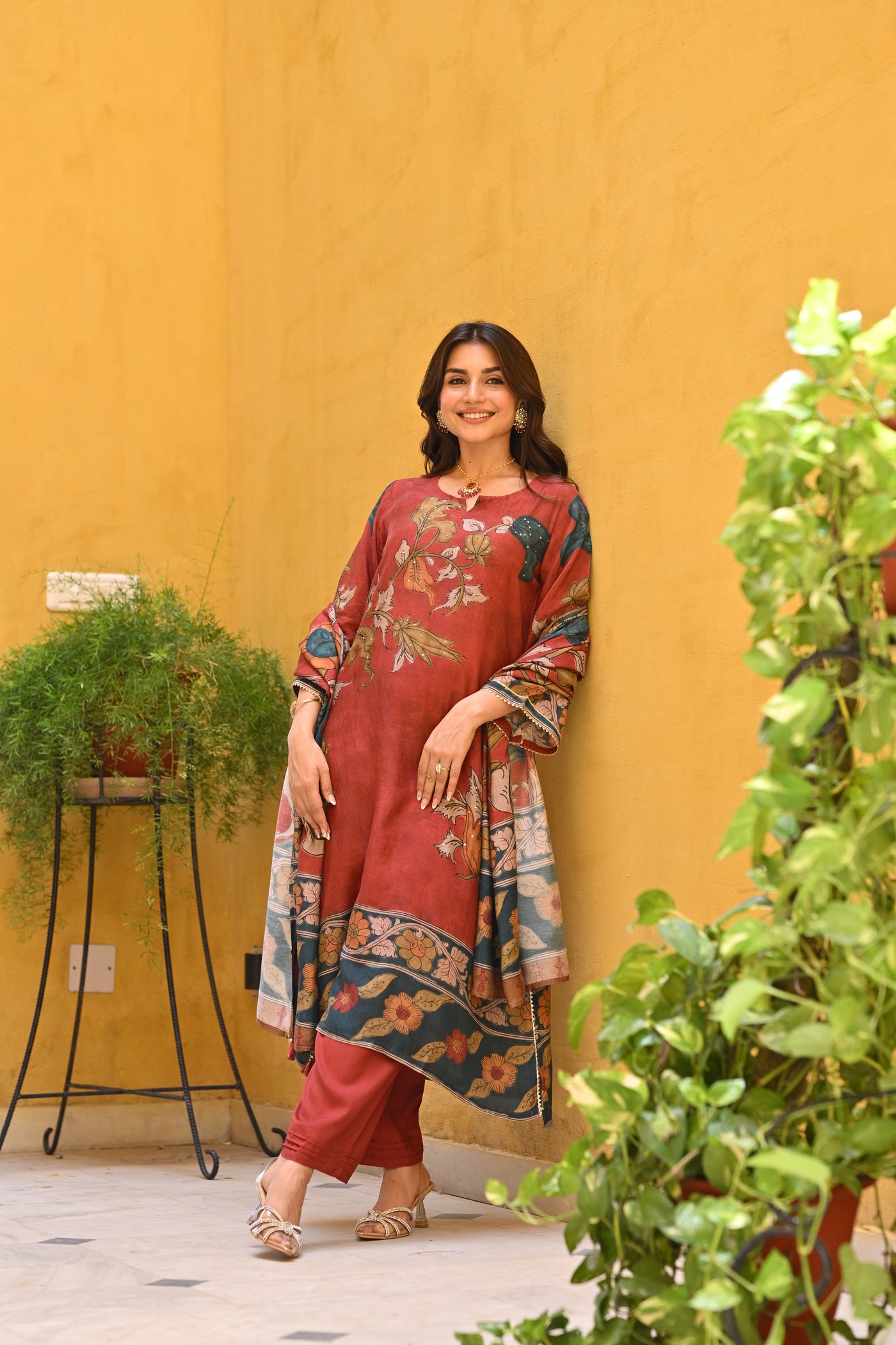 Rustic Red Kalamakari Print Muslin Suit Set