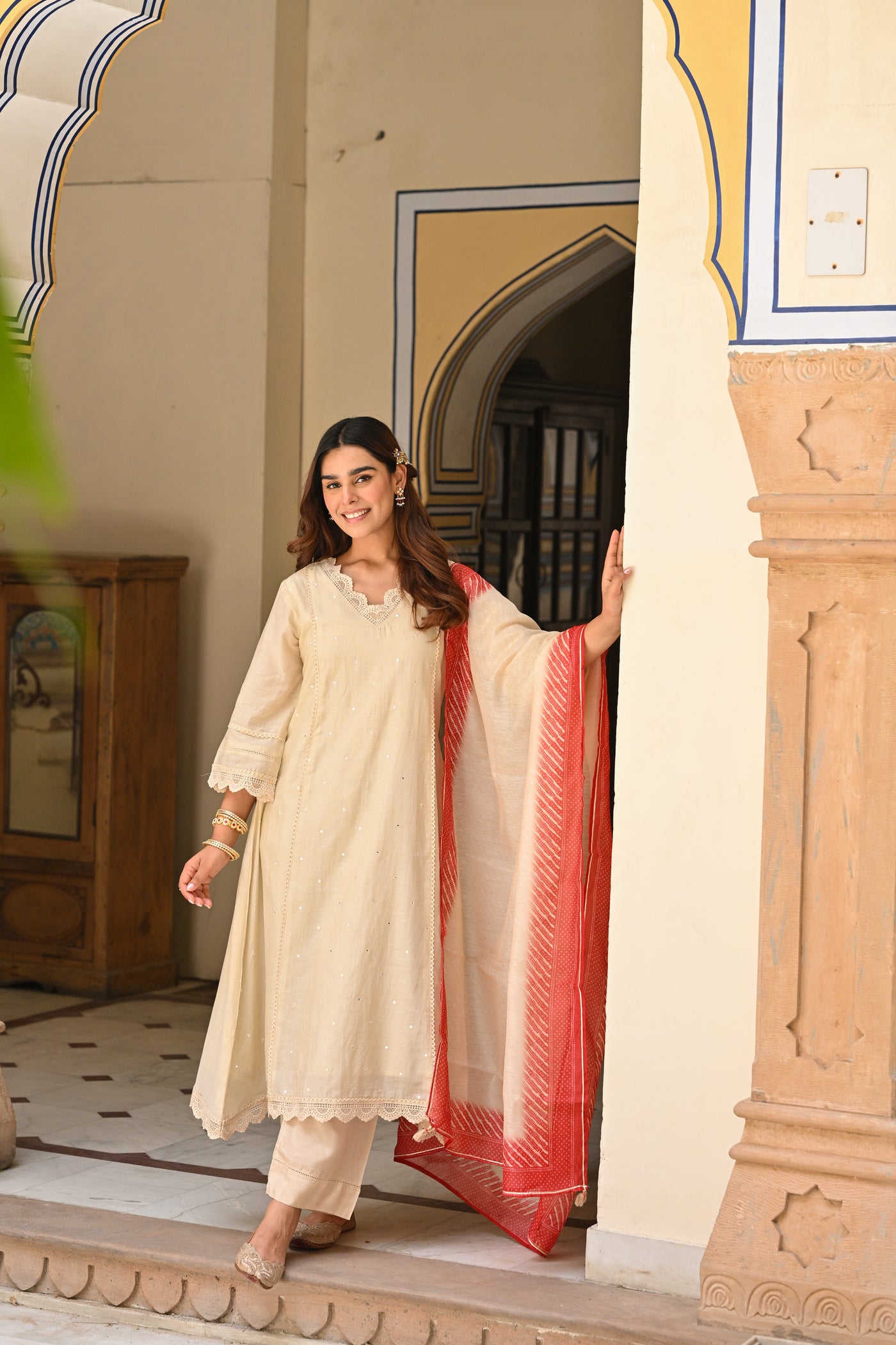 Beige Mul chanderi with Lace kurta With Shaded Red Lehariya Dupatta Suit Set