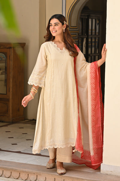 Beige Mul chanderi with Lace kurta With Shaded Red Lehariya Dupatta Suit Set