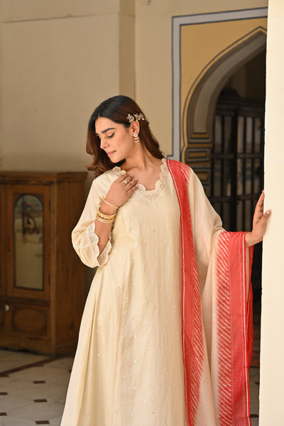 Beige Mul chanderi with Lace kurta With Shaded Red Lehariya Dupatta Suit Set