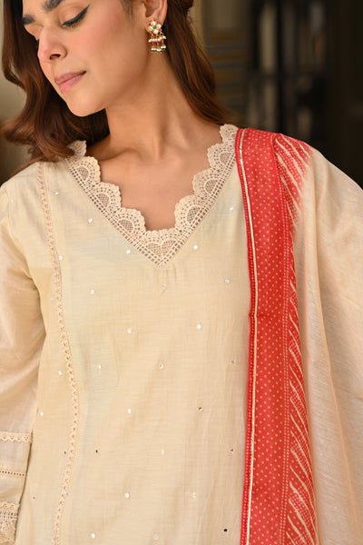 Beige Mul chanderi with Lace kurta With Shaded Red Lehariya Dupatta Suit Set