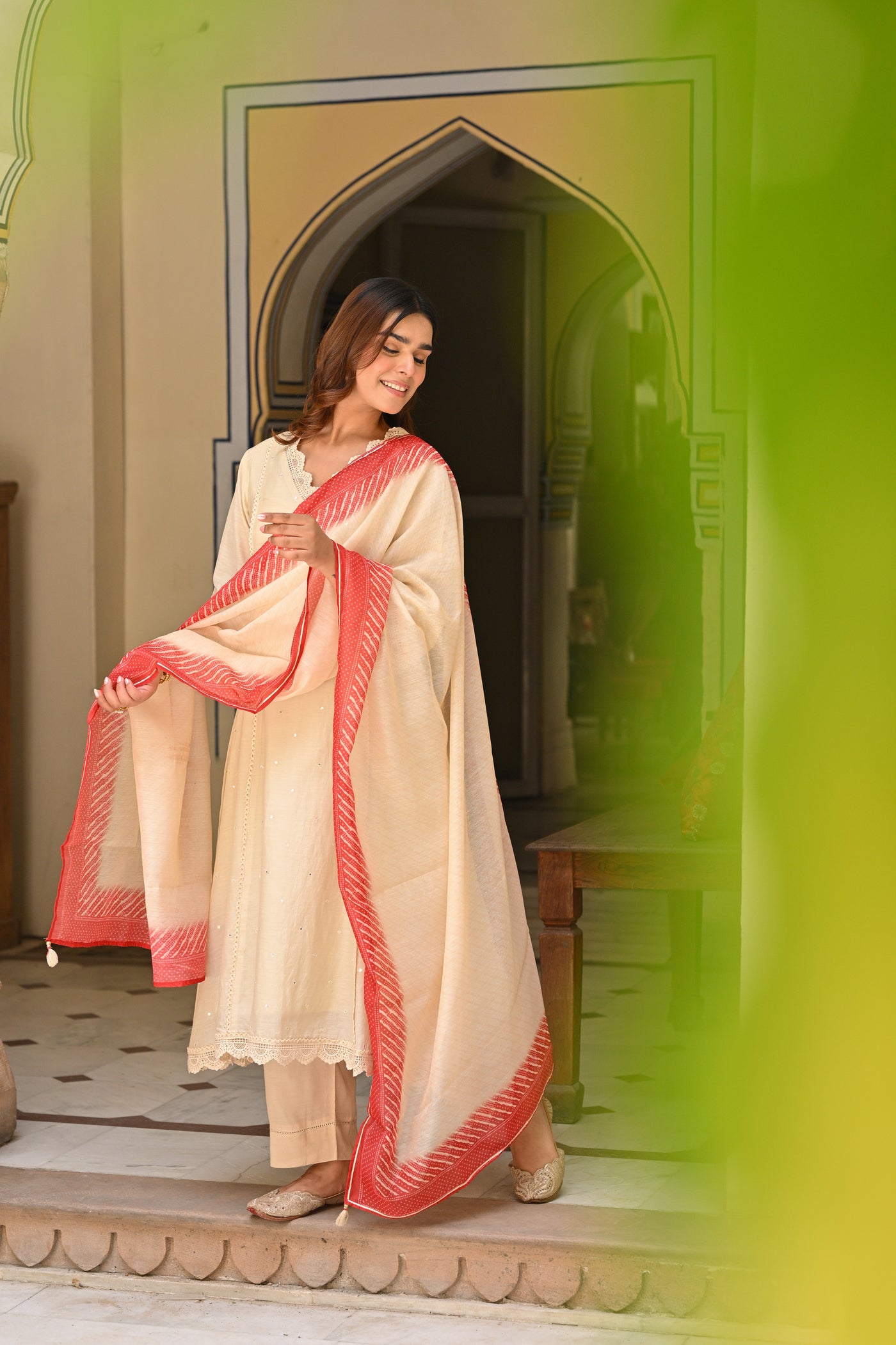 Beige Mul chanderi with Lace kurta With Shaded Red Lehariya Dupatta Suit Set