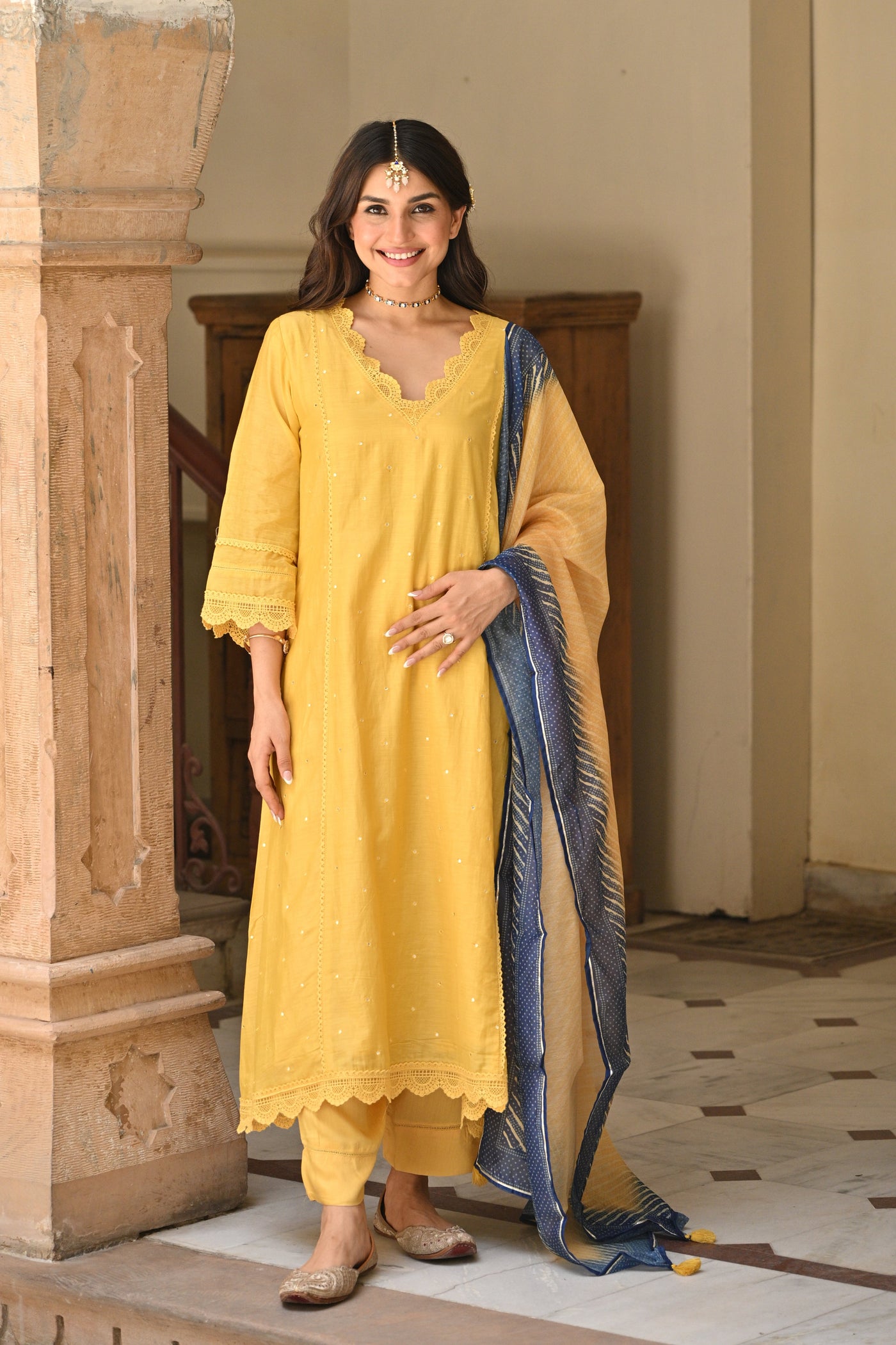 Yellow Mul chanderi with Lace Kurta with Shaded Blue Lehariya Dupatta Suit Set