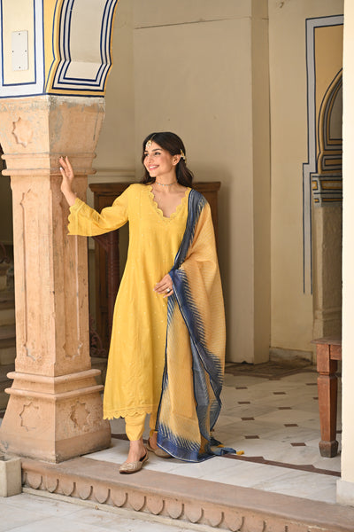Yellow Mul chanderi with Lace Kurta with Shaded Blue Lehariya Dupatta Suit Set