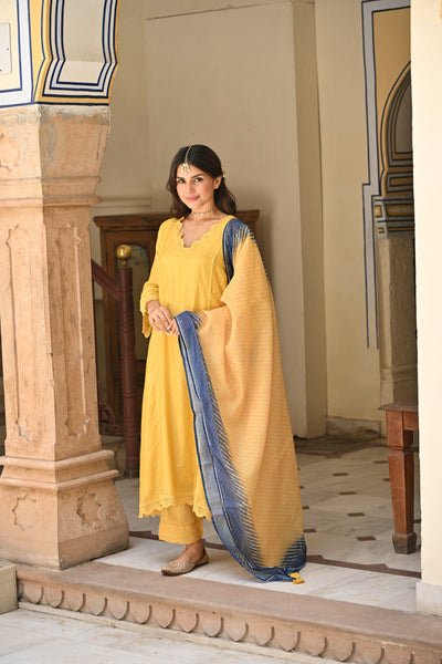 Yellow Mul chanderi with Lace Kurta with Shaded Blue Lehariya Dupatta Suit Set