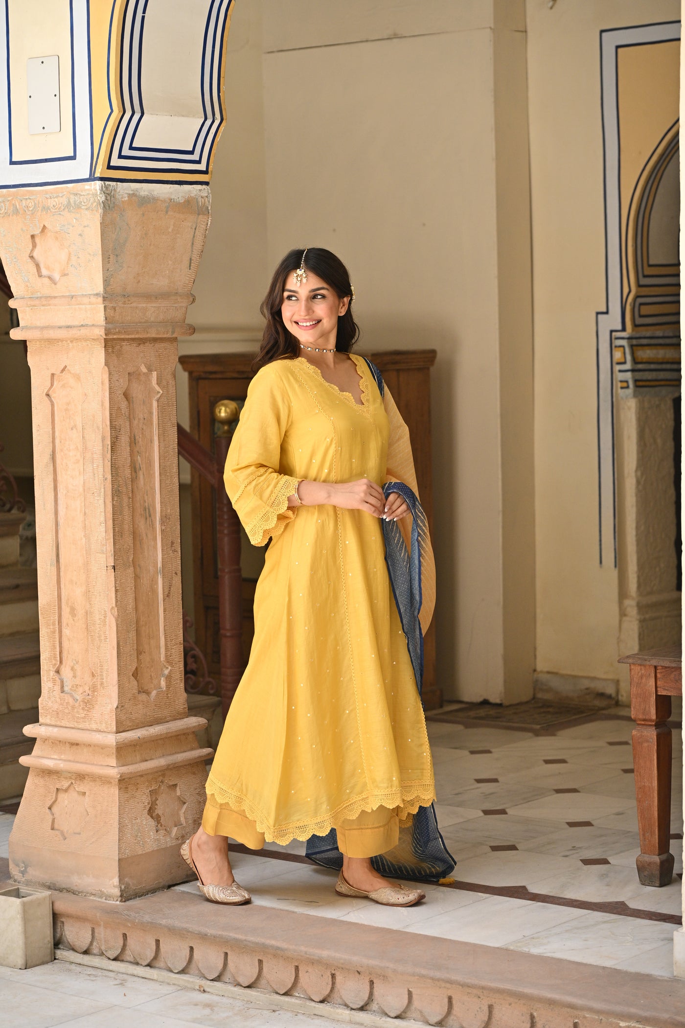 Yellow Mul chanderi with Lace Kurta with Shaded Blue Lehariya Dupatta Suit Set