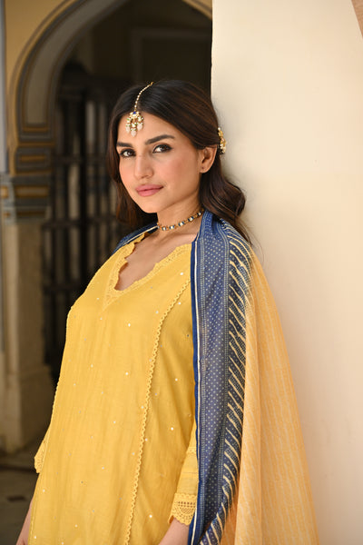 Yellow Mul chanderi with Lace Kurta with Shaded Blue Lehariya Dupatta Suit Set