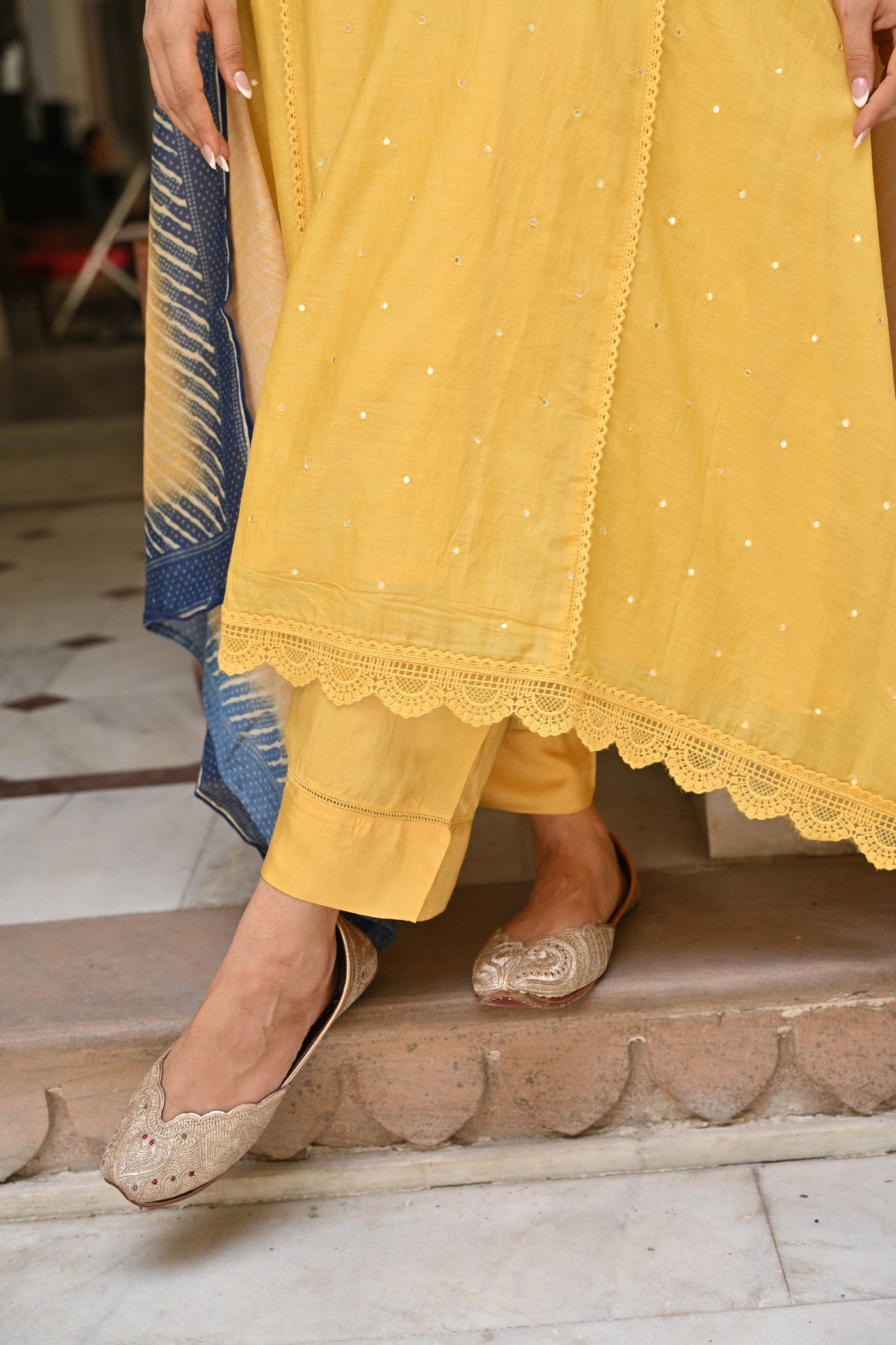 Yellow Mul chanderi with Lace Kurta with Shaded Blue Lehariya Dupatta Suit Set