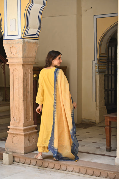 Yellow Mul chanderi with Lace Kurta with Shaded Blue Lehariya Dupatta Suit Set