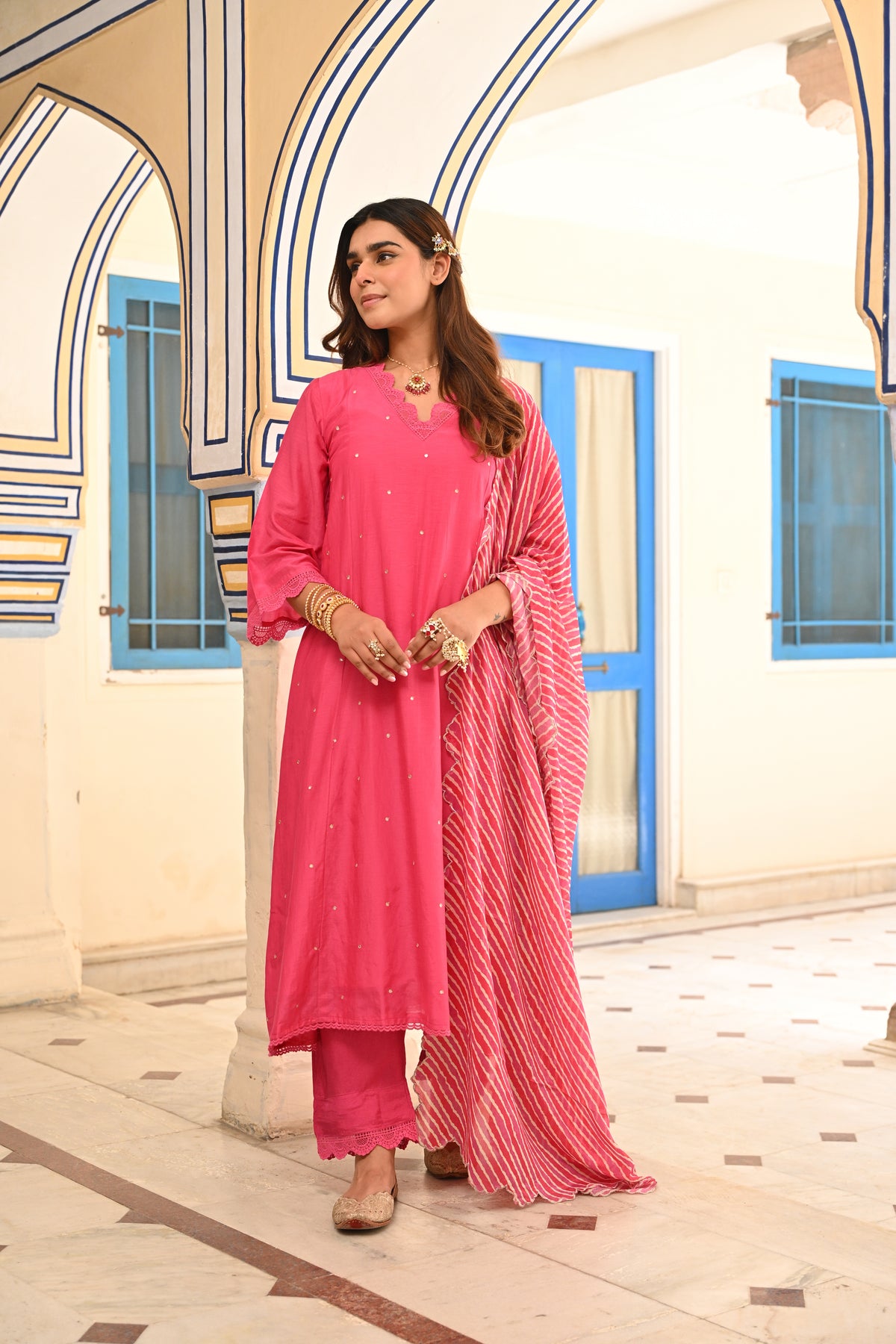 Punch Pink Pure Mul Chanderi Scattered Gota Work with Lace A Line Kurta and Pant and Scallope Lehariya Dupatta