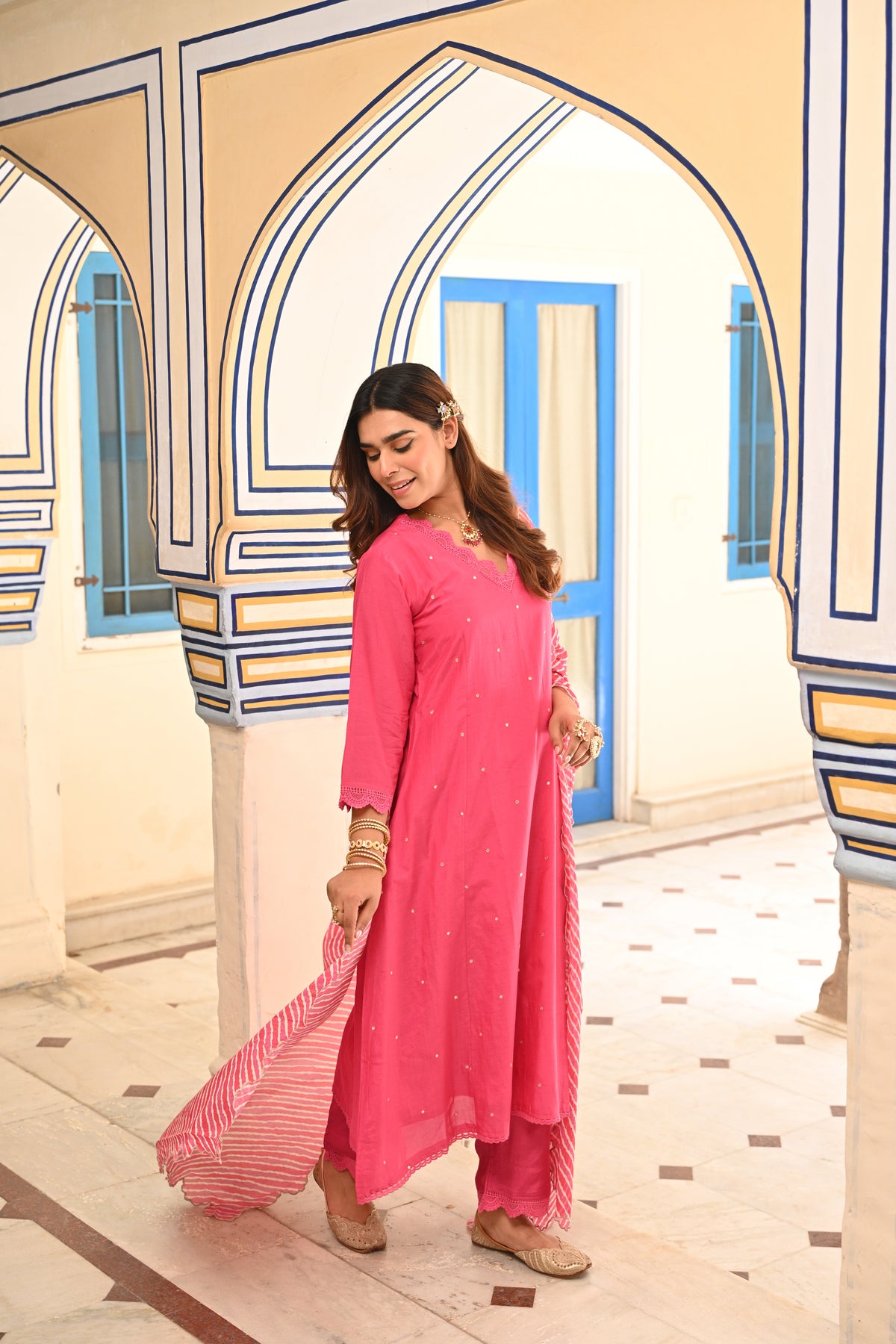 Punch Pink Pure Mul Chanderi Scattered Gota Work with Lace A Line Kurta and Pant and Scallope Lehariya Dupatta