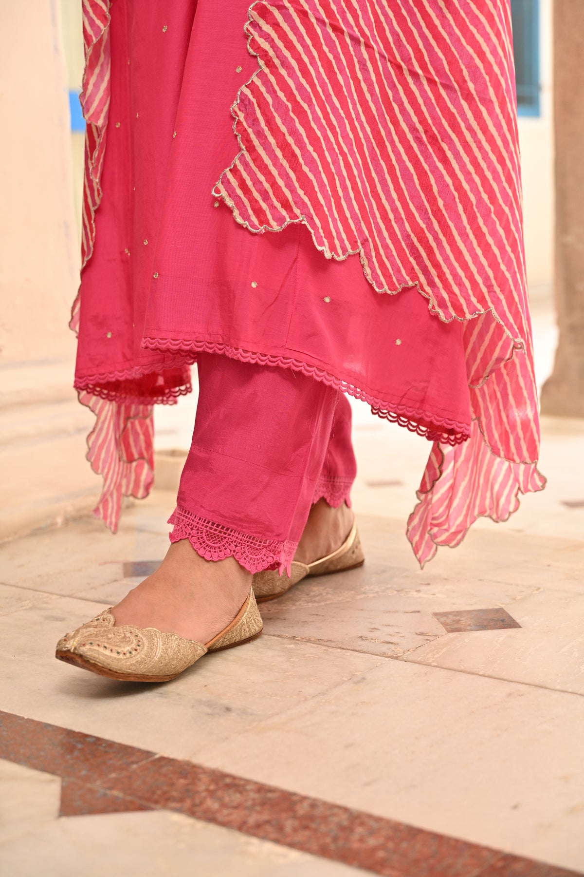 Punch Pink Pure Mul Chanderi Scattered Gota Work with Lace A Line Kurta and Pant and Scallope Lehariya Dupatta