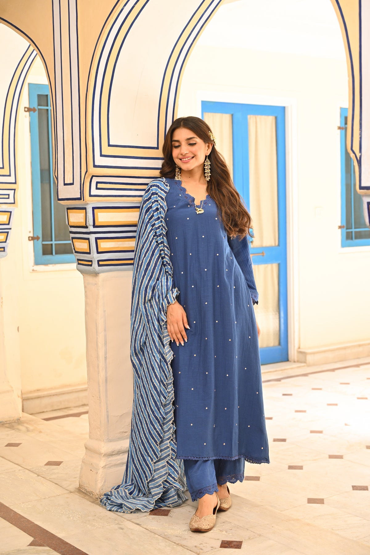 Royal Blue Pure Mul Chanderi Scattered Gota Work with Lace A Line Kurta and Pant and Scallope Lehariya Dupatta