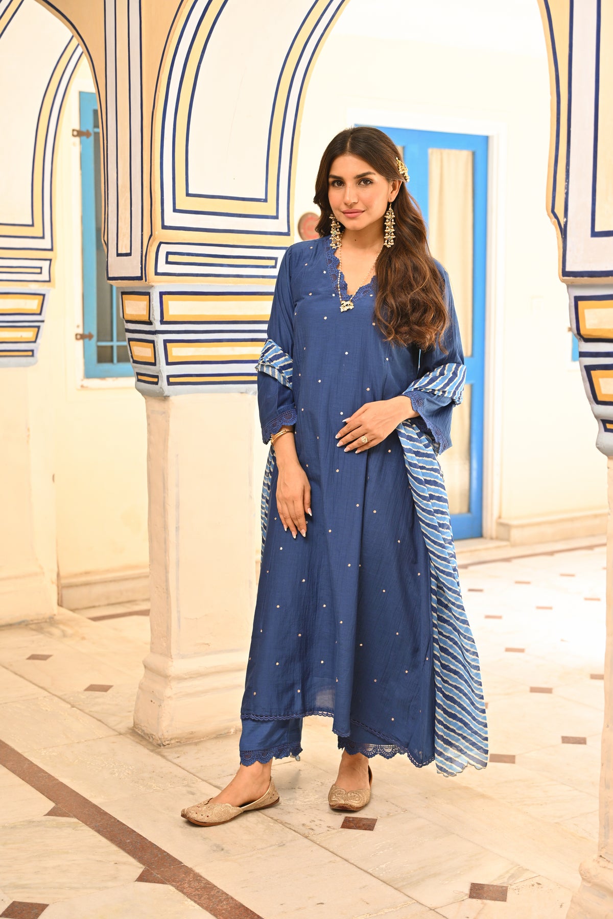 Royal Blue Pure Mul Chanderi Scattered Gota Work with Lace A Line Kurta and Pant and Scallope Lehariya Dupatta
