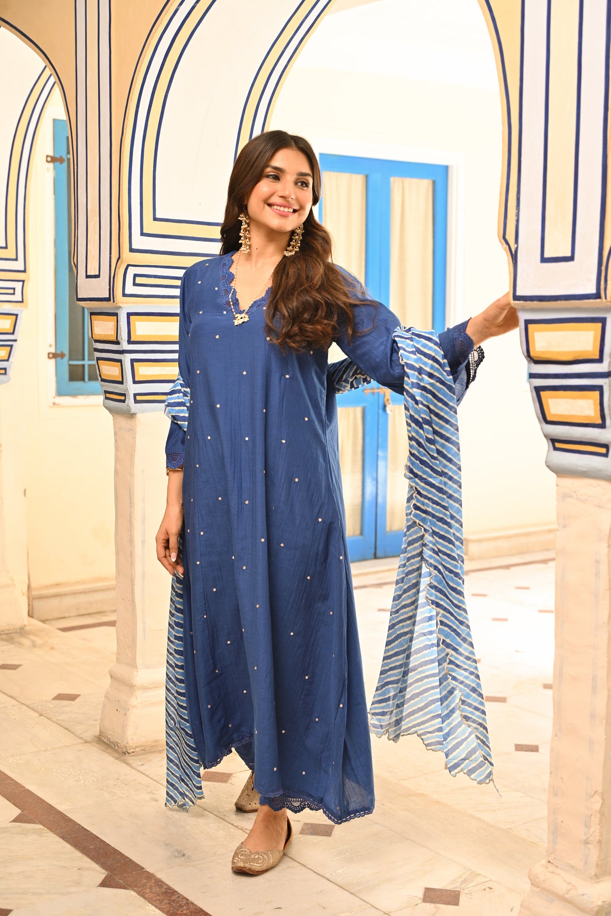 Royal Blue Pure Mul Chanderi Scattered Gota Work with Lace A Line Kurta and Pant and Scallope Lehariya Dupatta