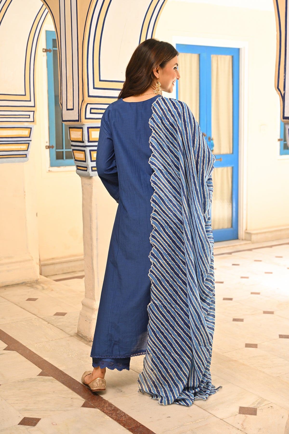 Royal Blue Pure Mul Chanderi Scattered Gota Work with Lace A Line Kurta and Pant and Scallope Lehariya Dupatta
